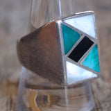 Vintage Sterling Turquoise Jet and MOP Inlay Ring 10.5