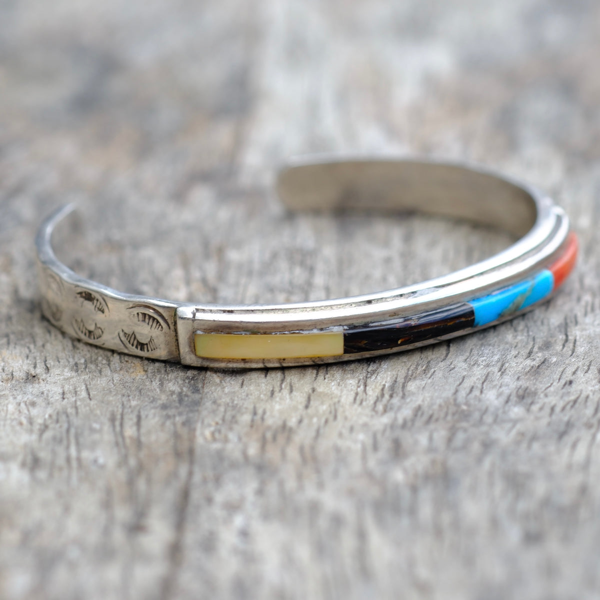 Vintage Sterling Multistone Inlay Cuff Bracelet