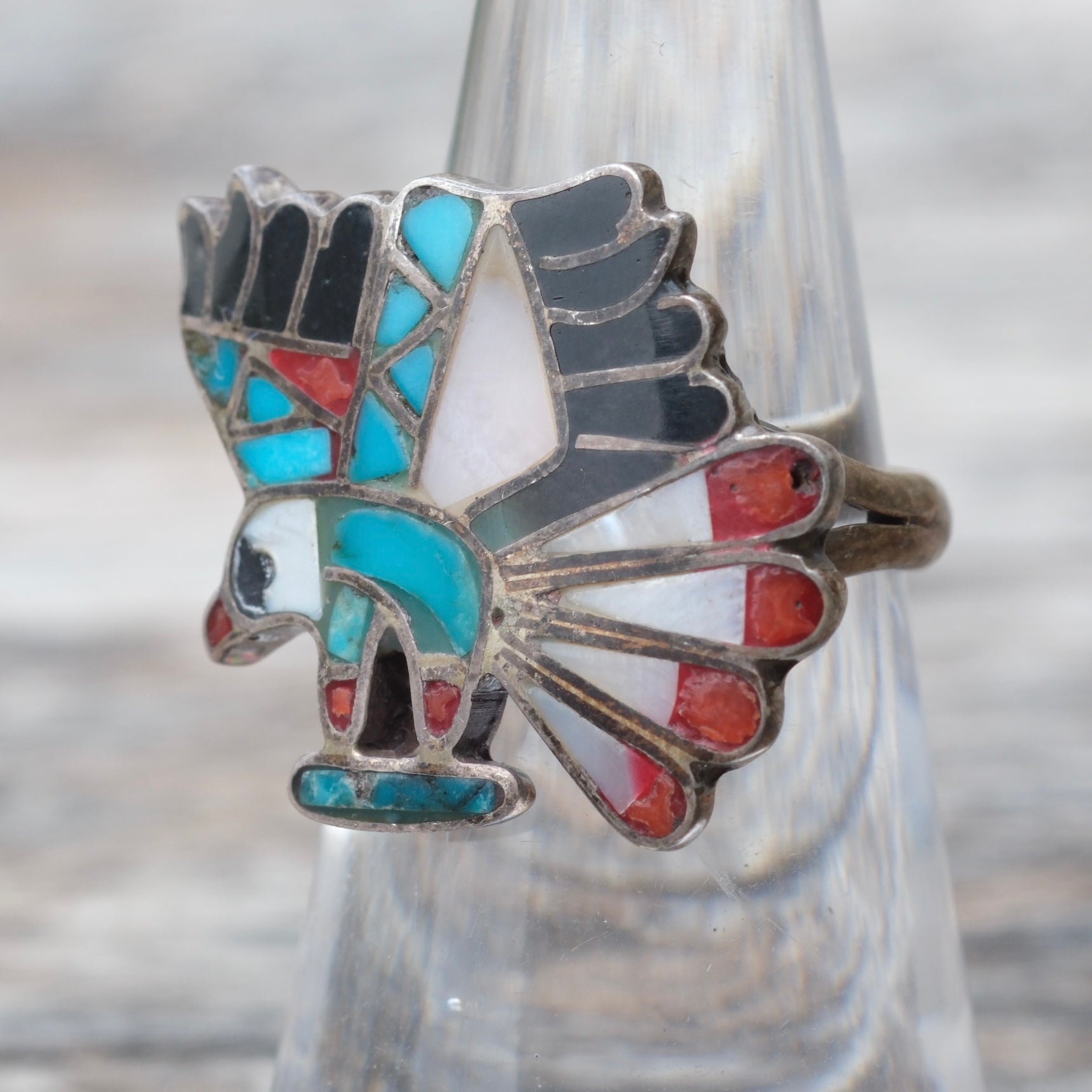 OLDER Vintage Sterling Zuni Inlay Eagle Ring 5.75