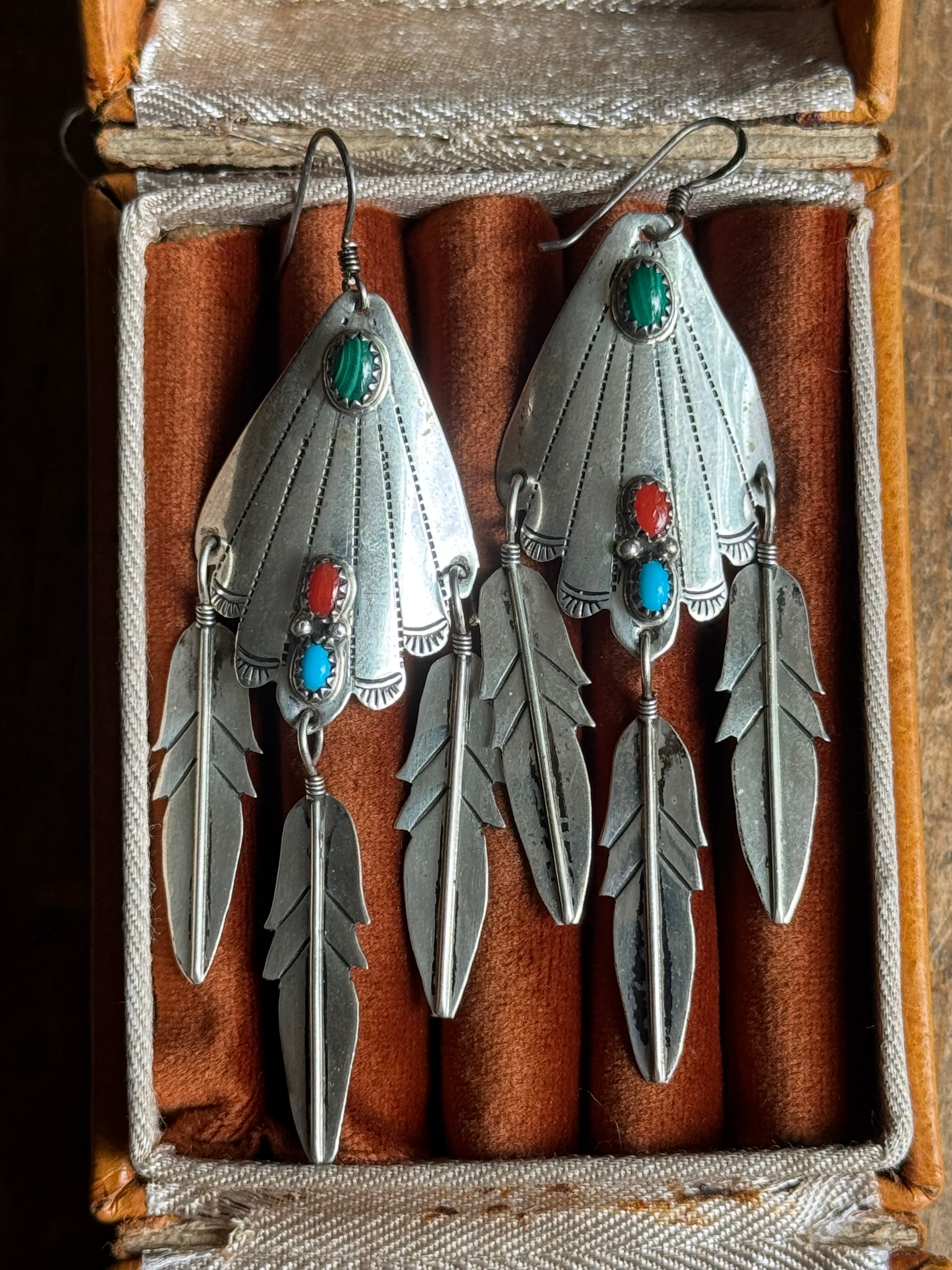Vintage Sterling Silver Malachite Coral & Turquoise Feather Fan Earrings