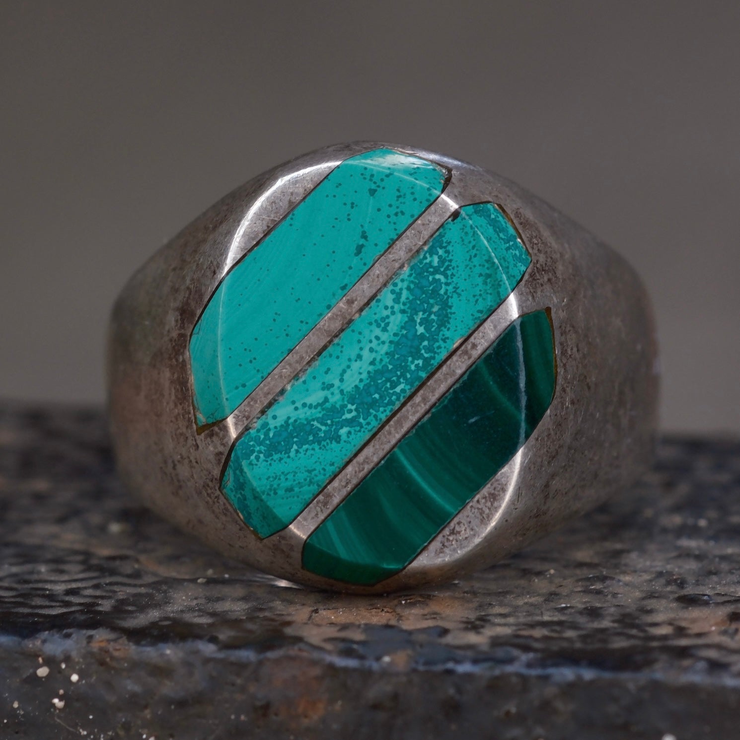 Vintage Sterling Malachite Inlay Striper Ring 10.25