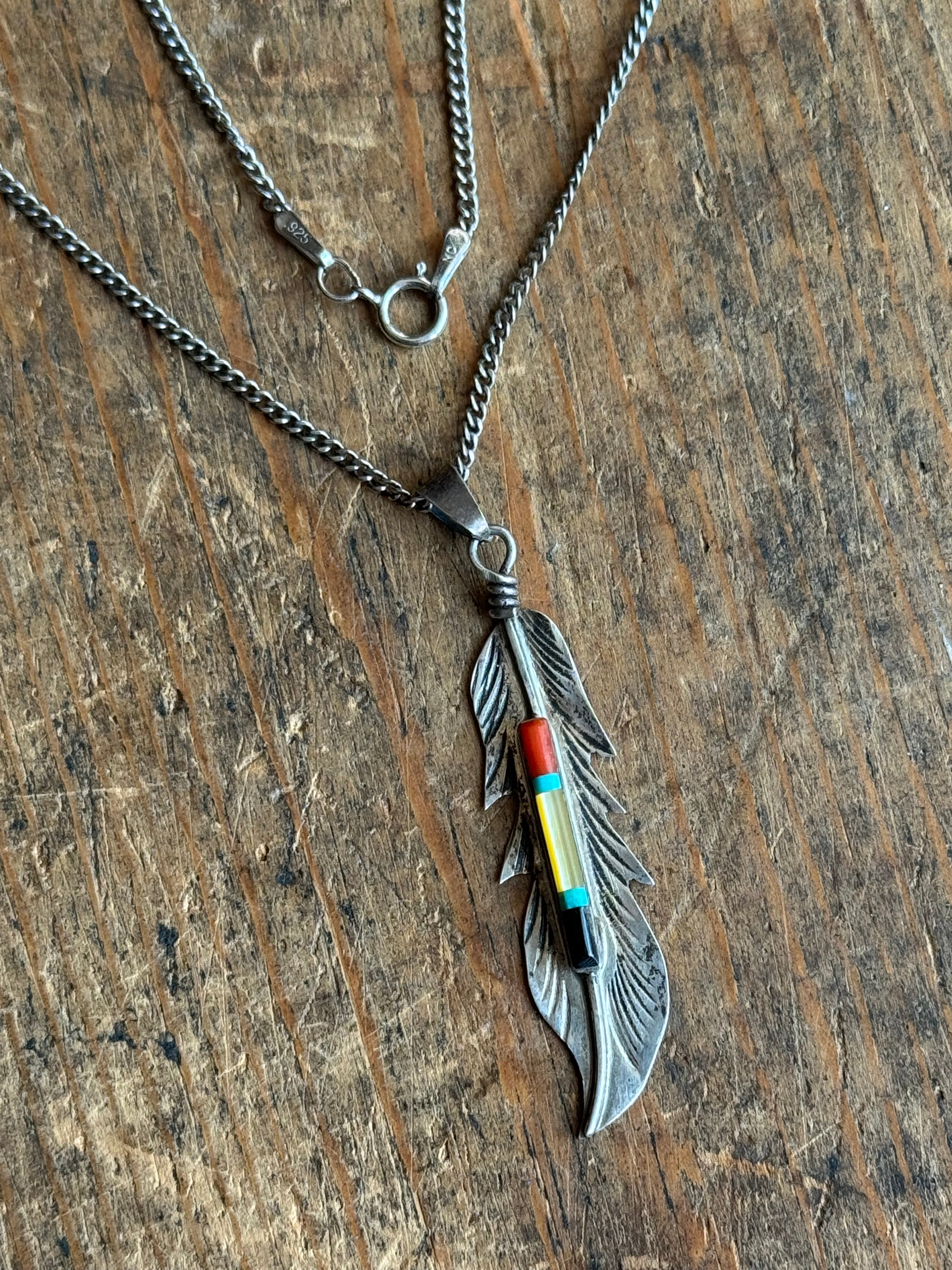 Vintage Sterling Silver Multistone Inlay Feather 20" Necklace
