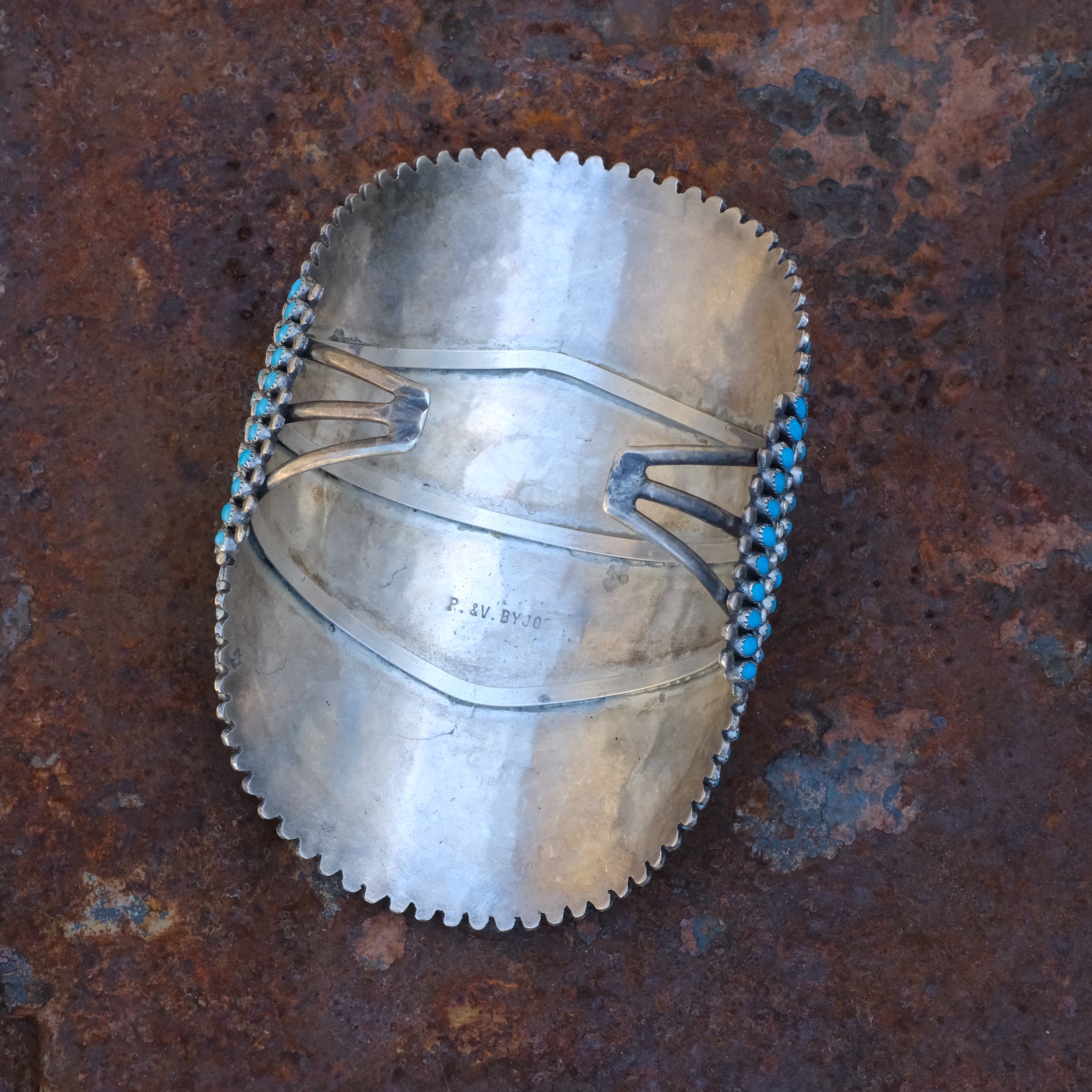 MASSIVE Vintage Sterling Turquoise Inlay Cluster Cuff Bracelet