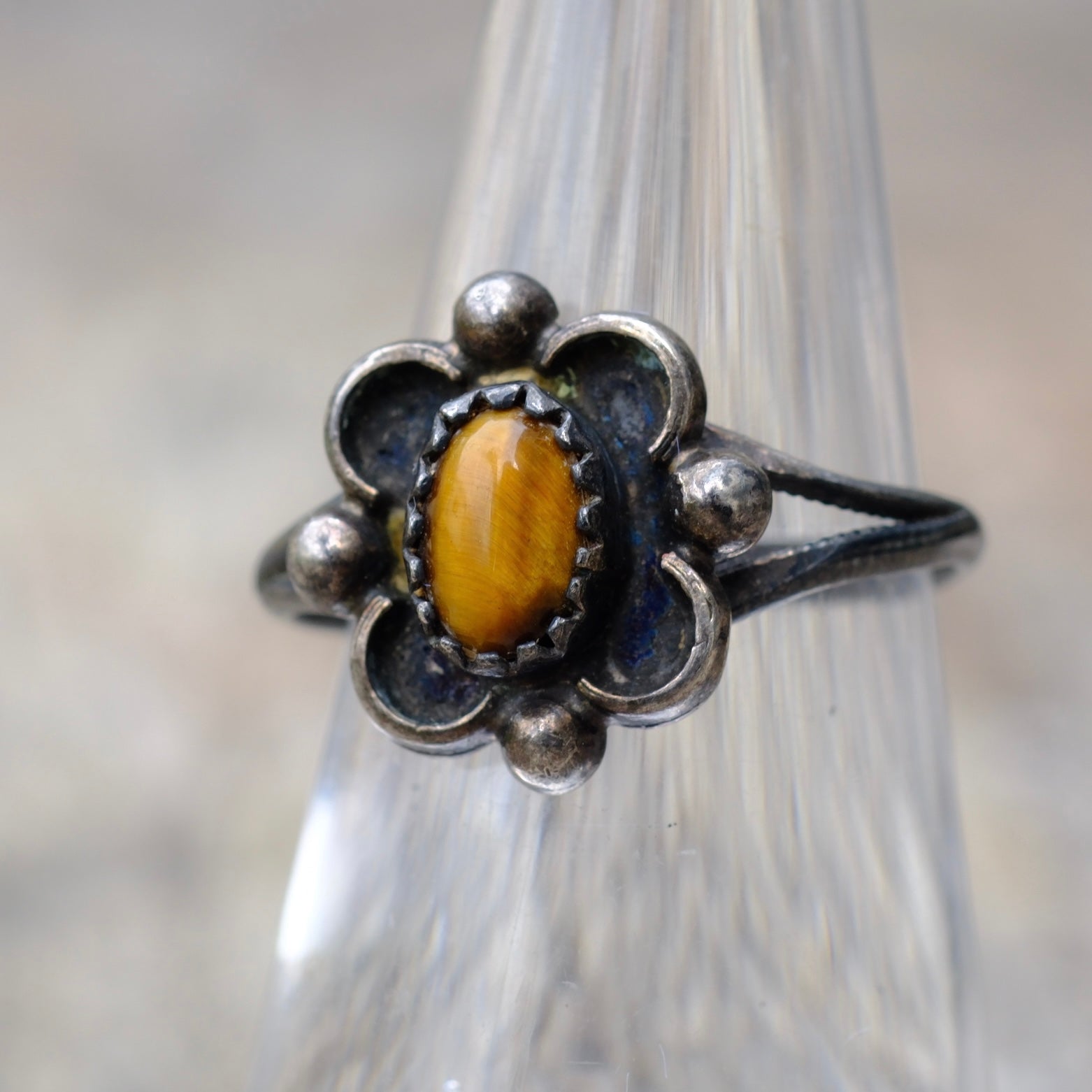 Vintage Sterling Tigers Eye Florette Ring 6.5