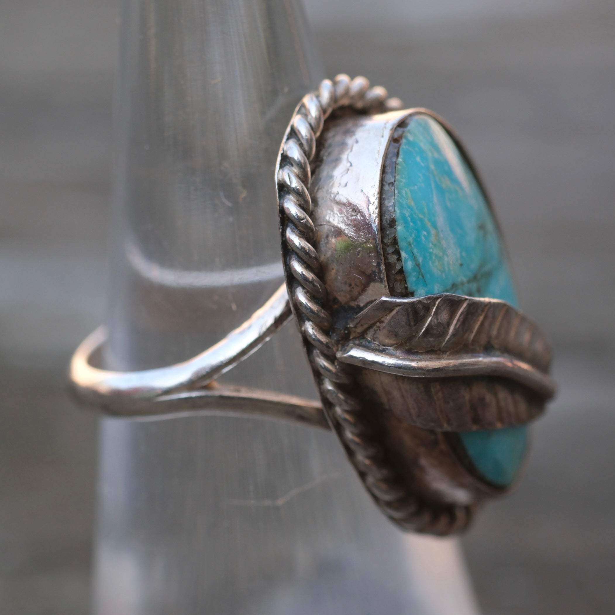 Vintage Sterling Turquoise Feather Ring 5.75