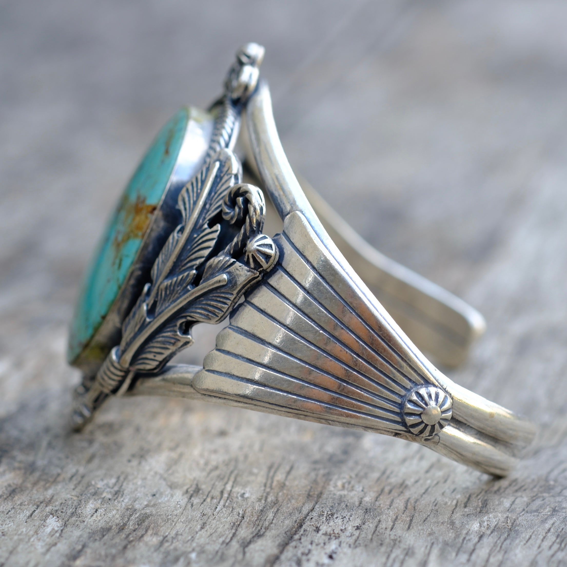 Vintage Sterling Turquoise Feather Cuff Bracelet