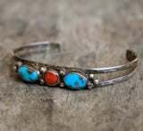 Vintage Sterling Turquoise and Coral Cuff Bracelet