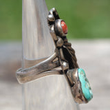 Vintage Sterling Turquoise and Coral Feather Ring 4.25