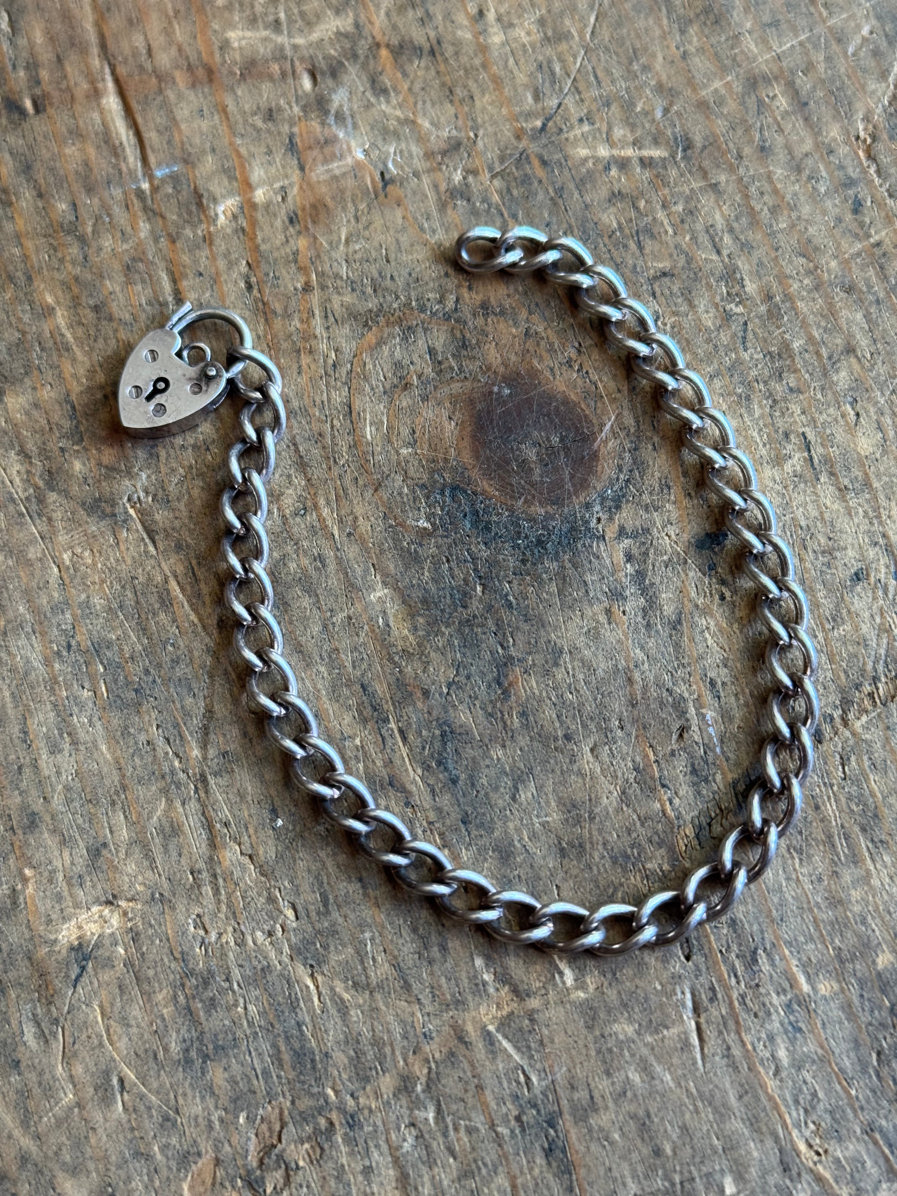 Vintage Sterling Silver Padlock Heart Curb Chain Bracelet 7"