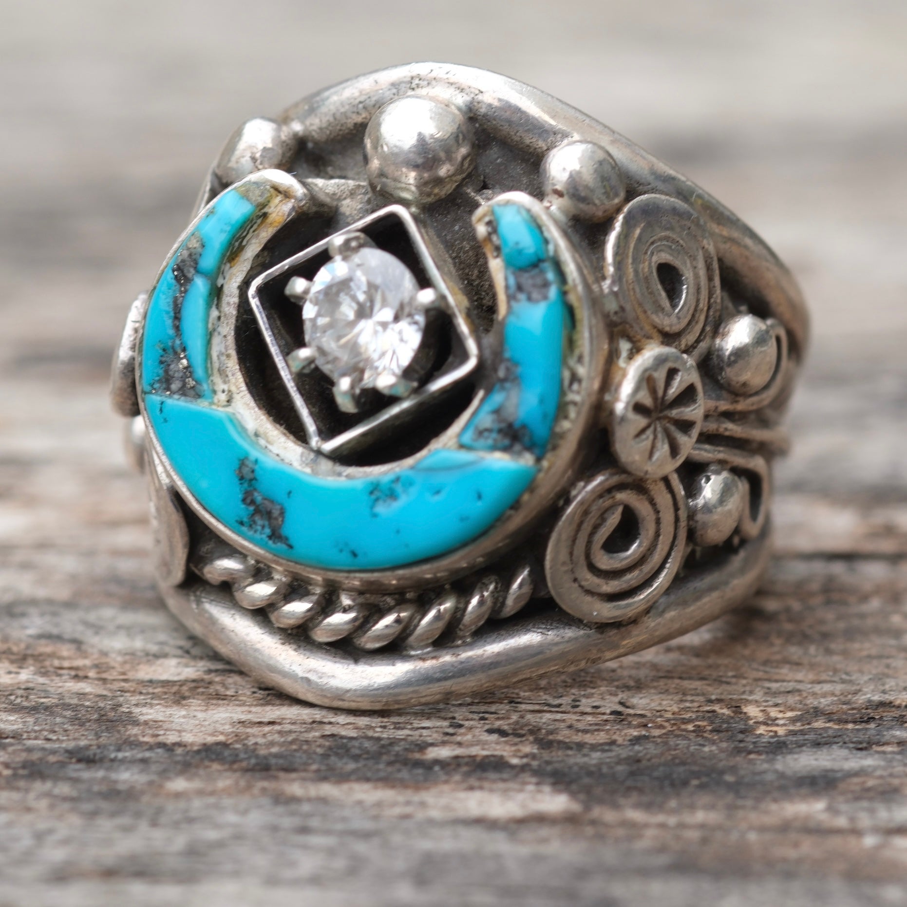 Vintage Sterling Lucky Horseshoe Turquoise Cz Ring 8.75