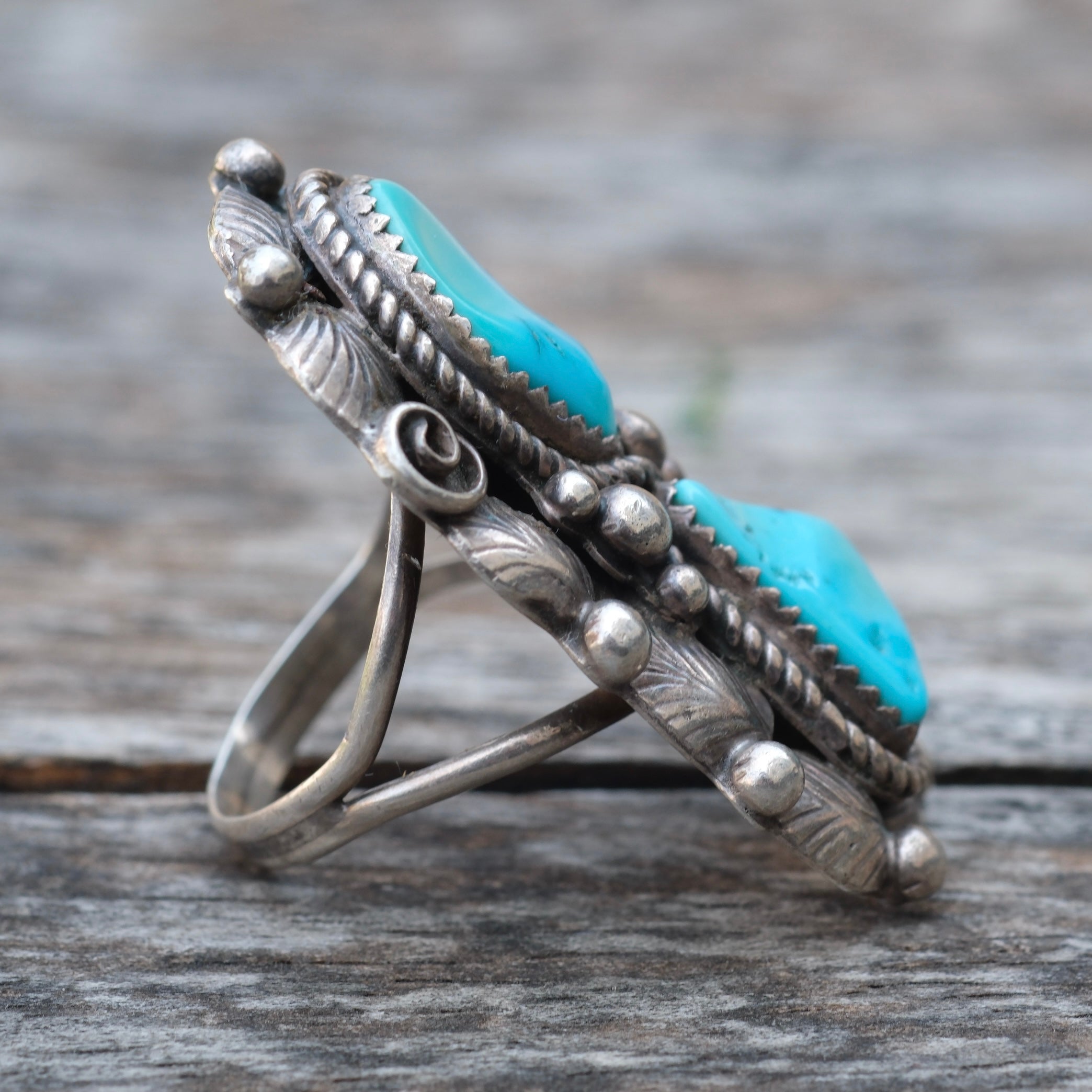 Vintage Sterling Turquoise Feather Ring 8.5