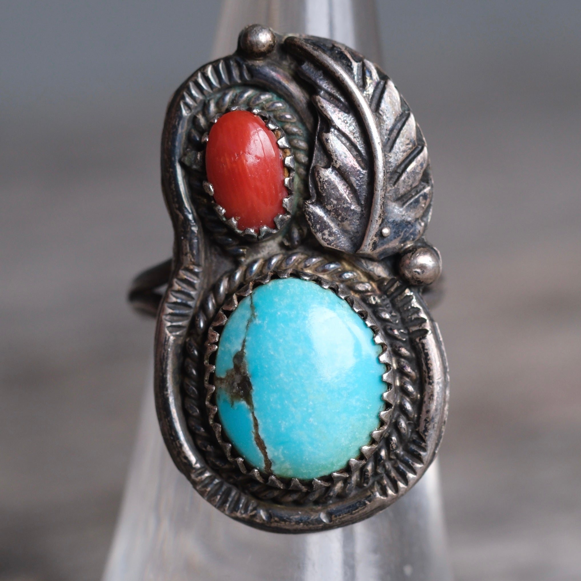 Vintage Sterling Turquoise And Coral Feather Ring 6.5