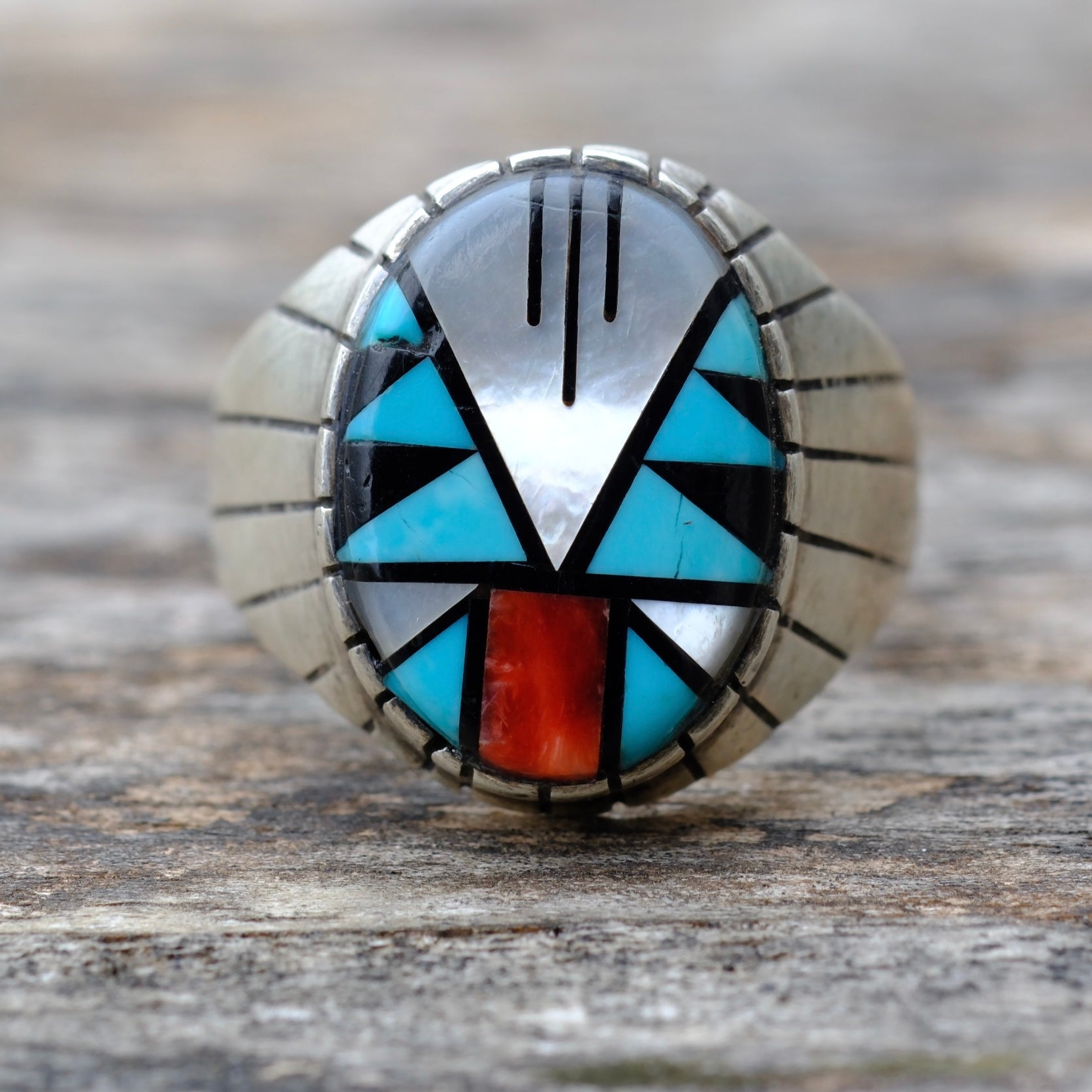 Vintage Sterling Zuni Inlay Ring 10.75