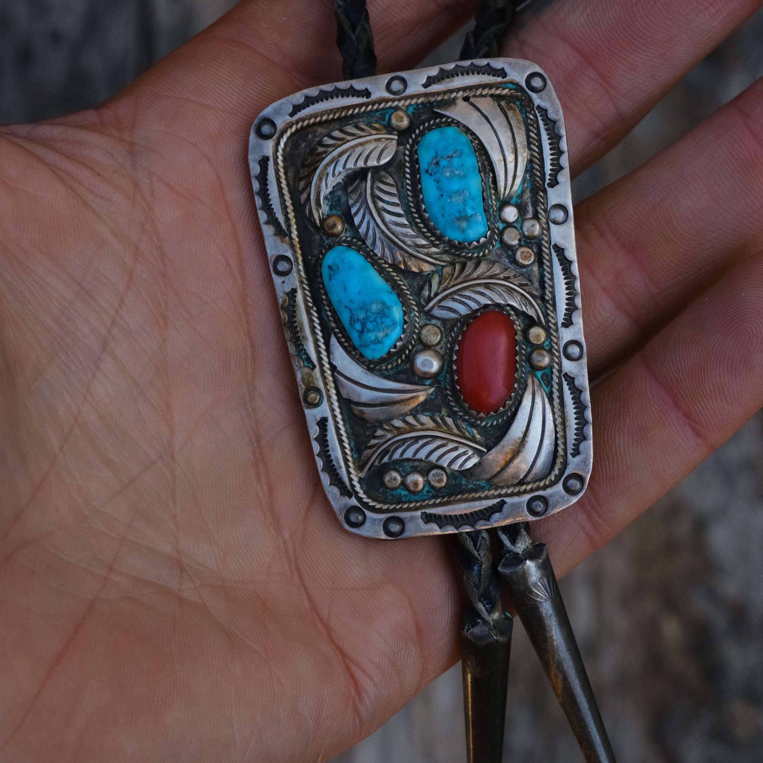Vintage Sterling Turquoise and Coral Feather Bolo Tie