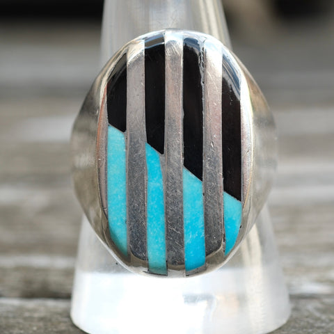 Vintage Sterling Turquoise and onyx Inlay Ring 10.25
