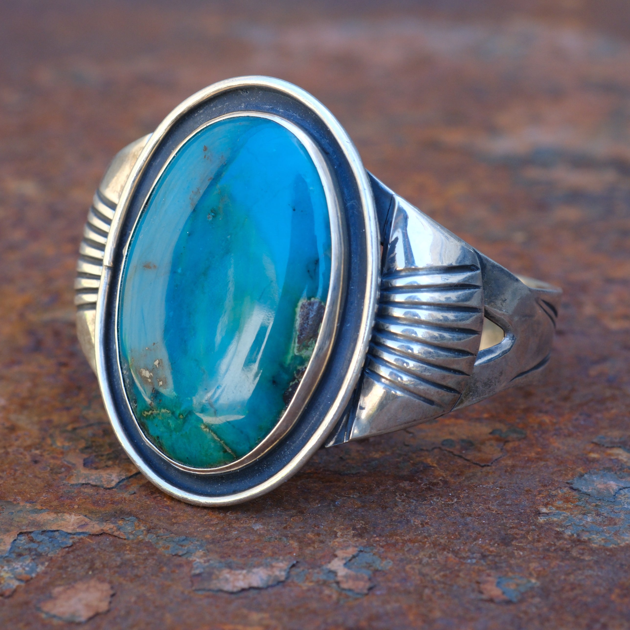Vintage Sterling Turquoise Ribbed Cuff Bracelet
