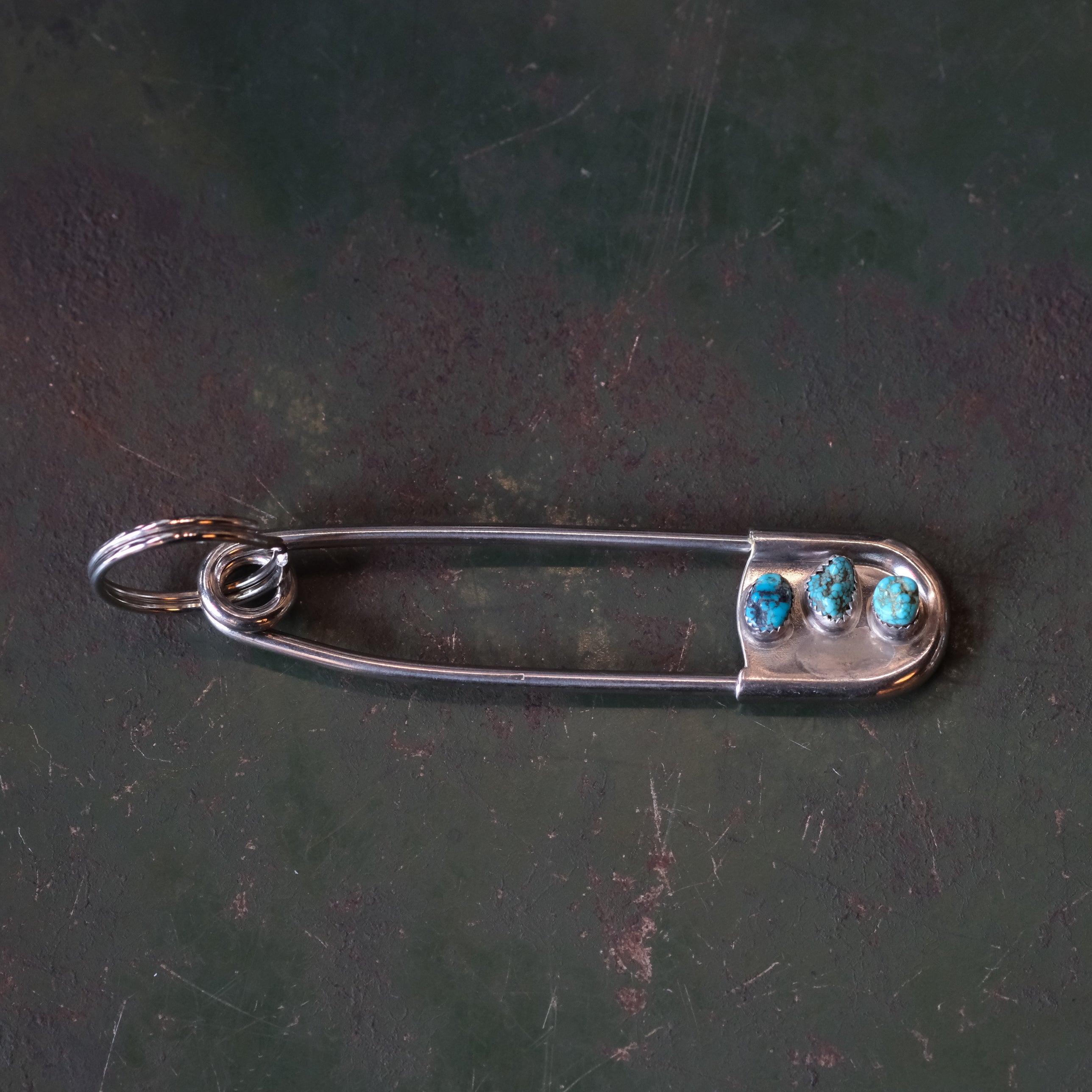 Vintage 3-Stone Turquoise Safety Pin Keychain 4"