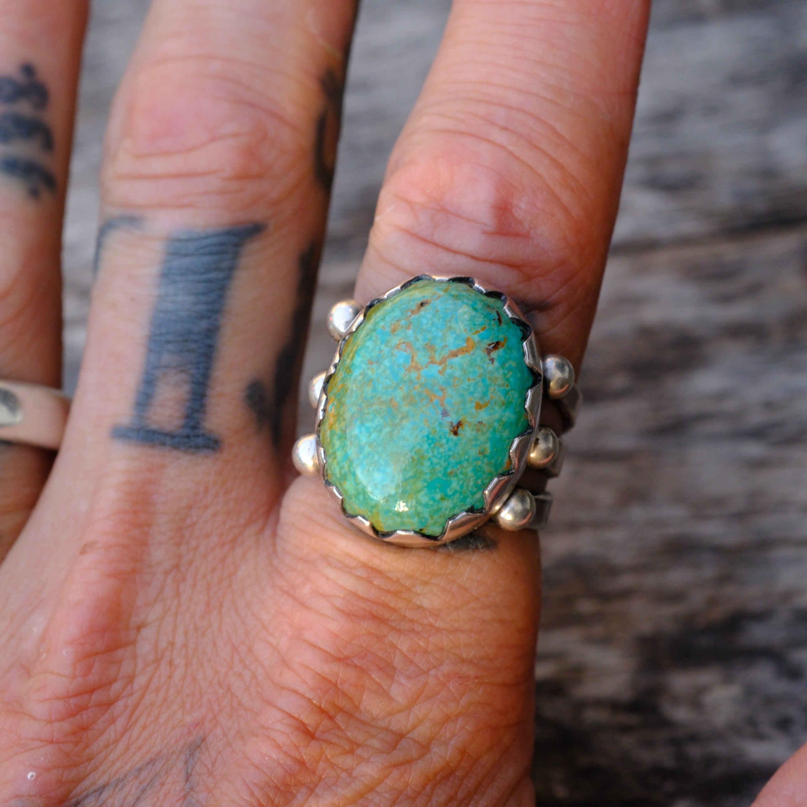 Heavy Sterling Silver Stamped Band Turquoise Ring 10