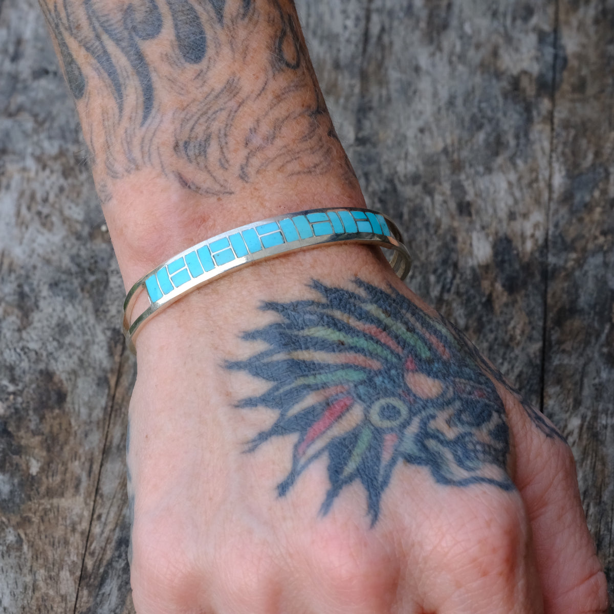 Vintage Sterling Silver Turquoise Inlay Cuff Bracelet