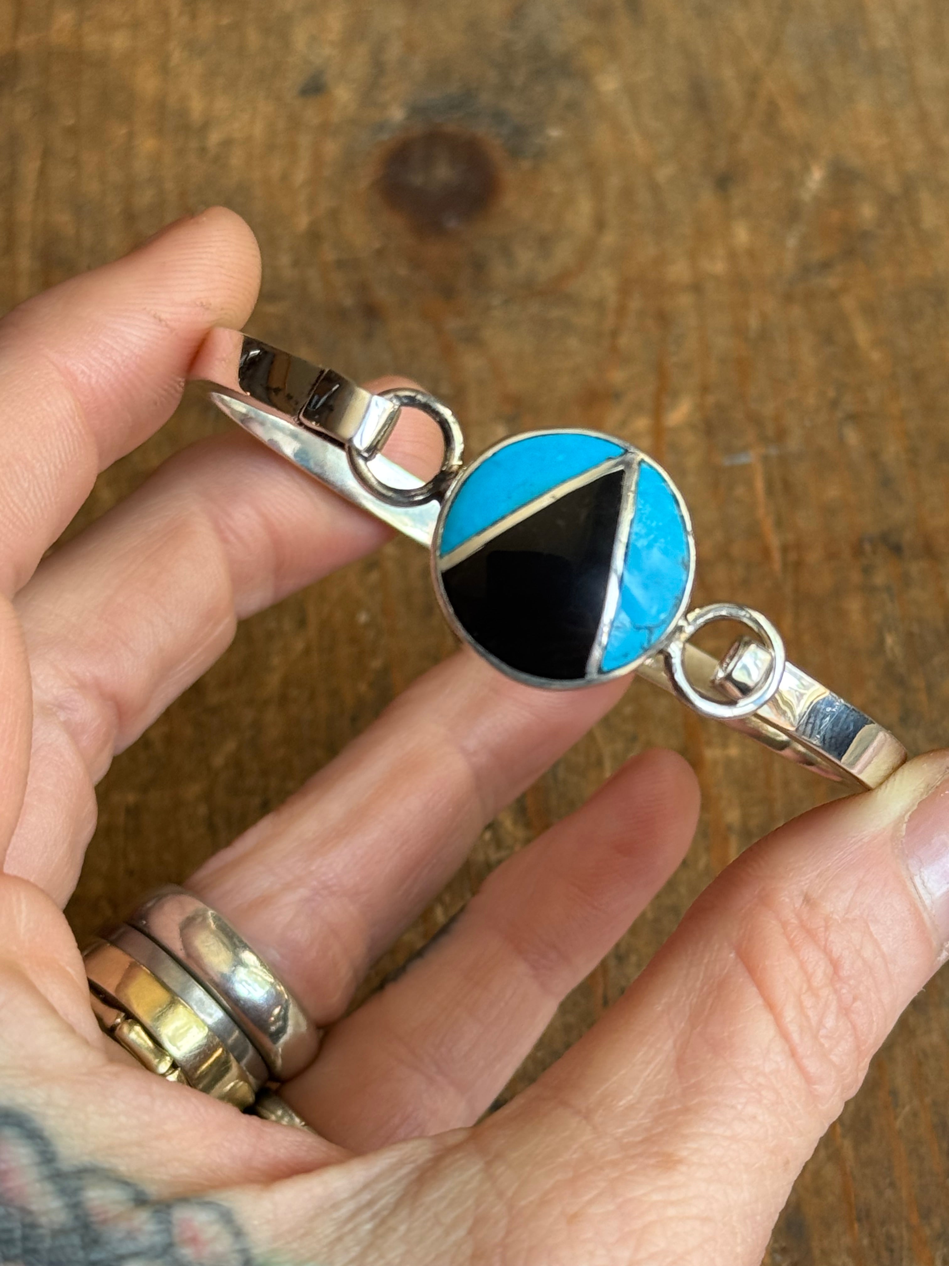 Vintage Sterling Silver Turquoise & Onyx Inlay Latch Bracelet
