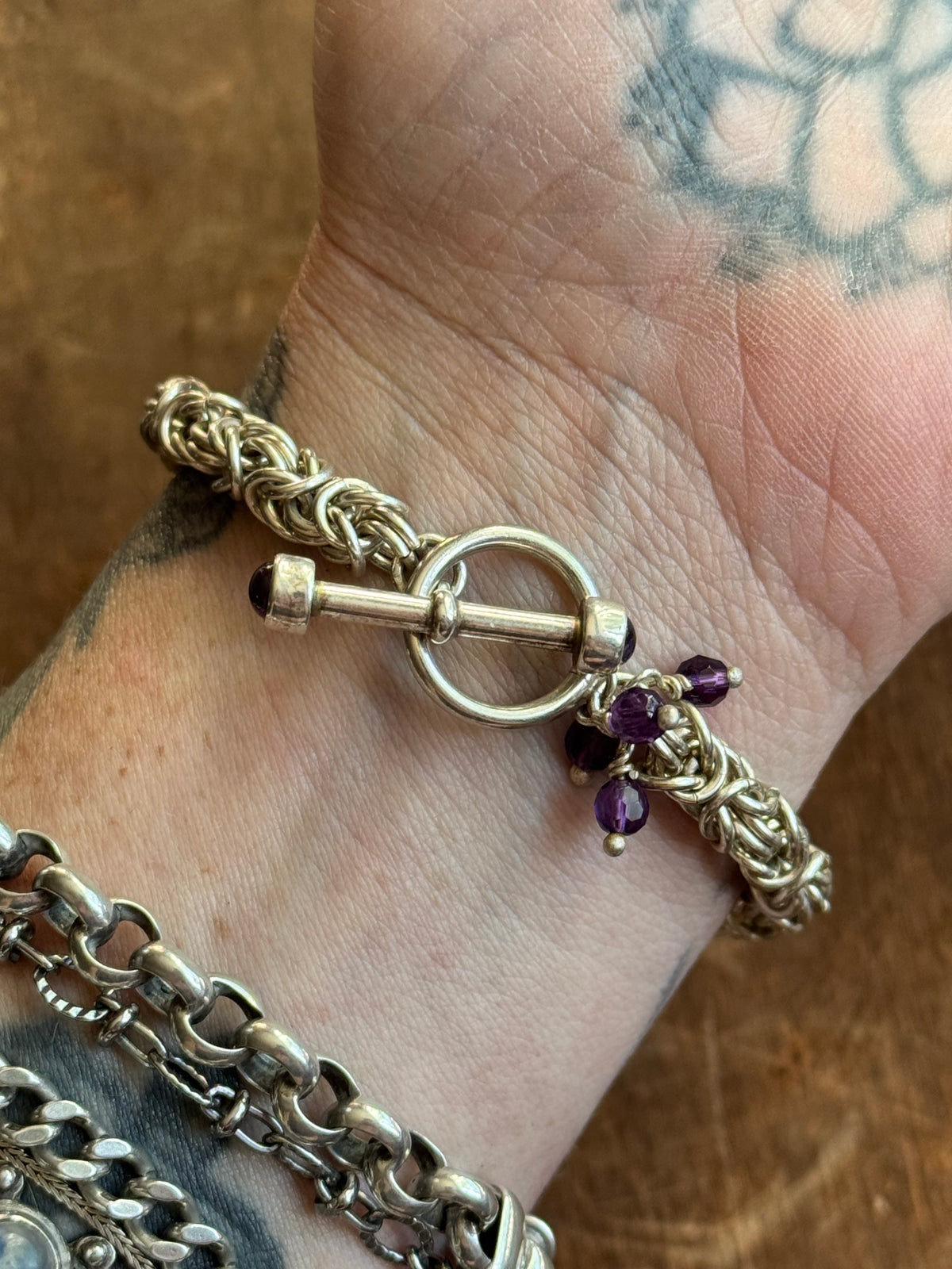 Vintage Sterling Silver 7.5” Amethyst Byzantine Toggle Chain Bracelet