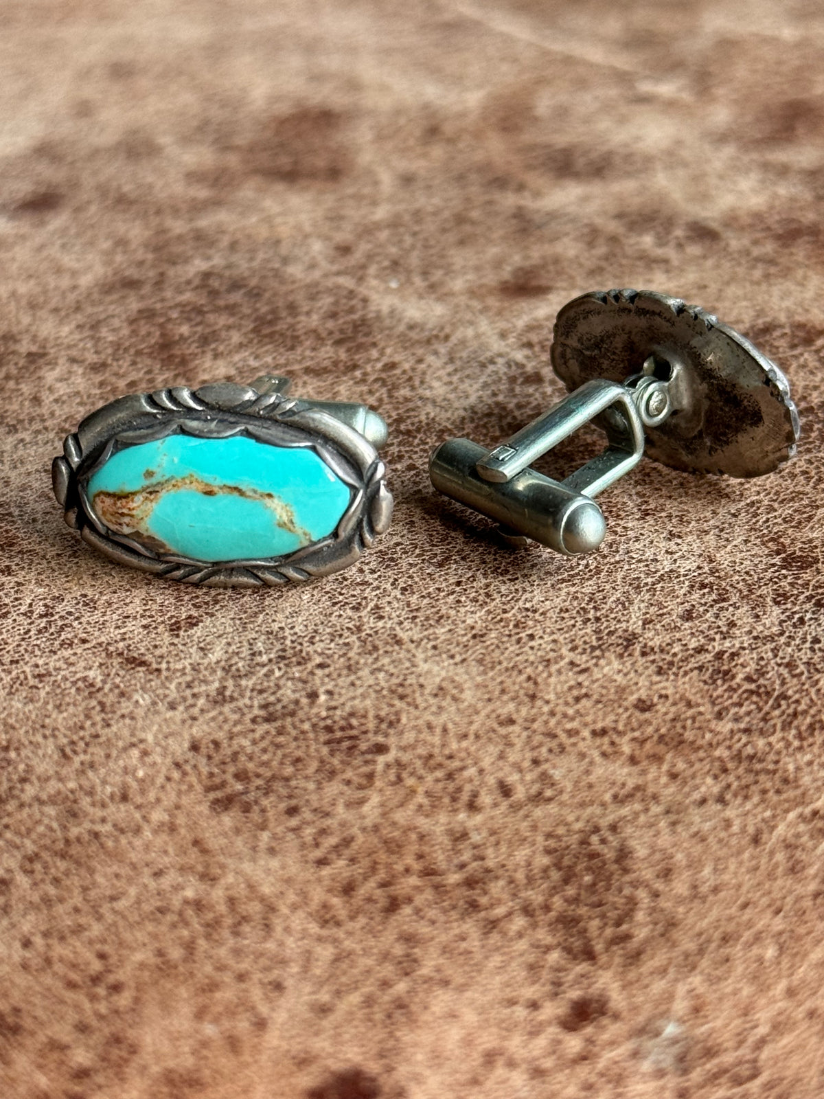 Vintage Sterling Silver Framed Turquoise Cufflinks