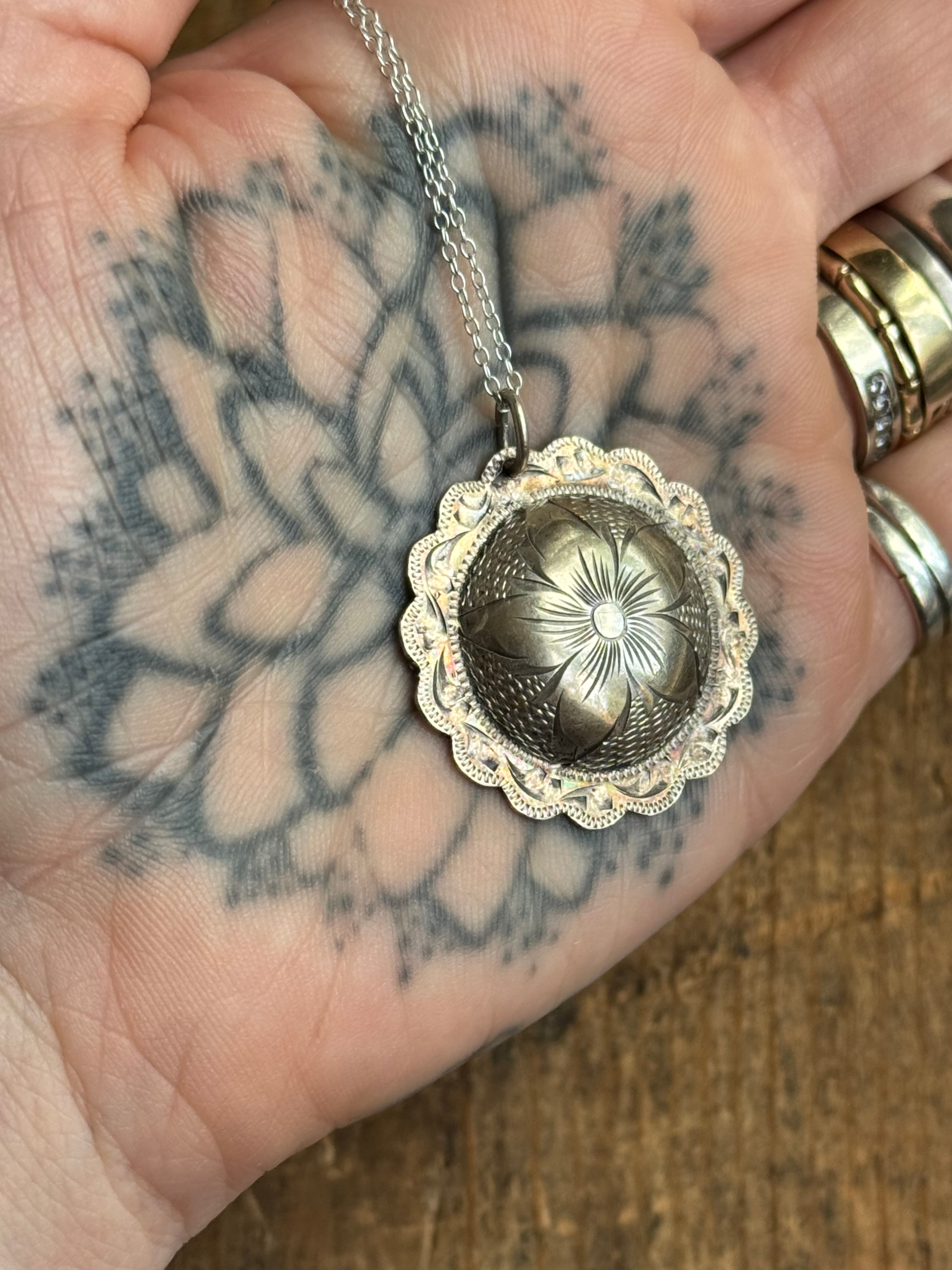 Vintage Sterling Silver Flower Etched Concho Necklace
