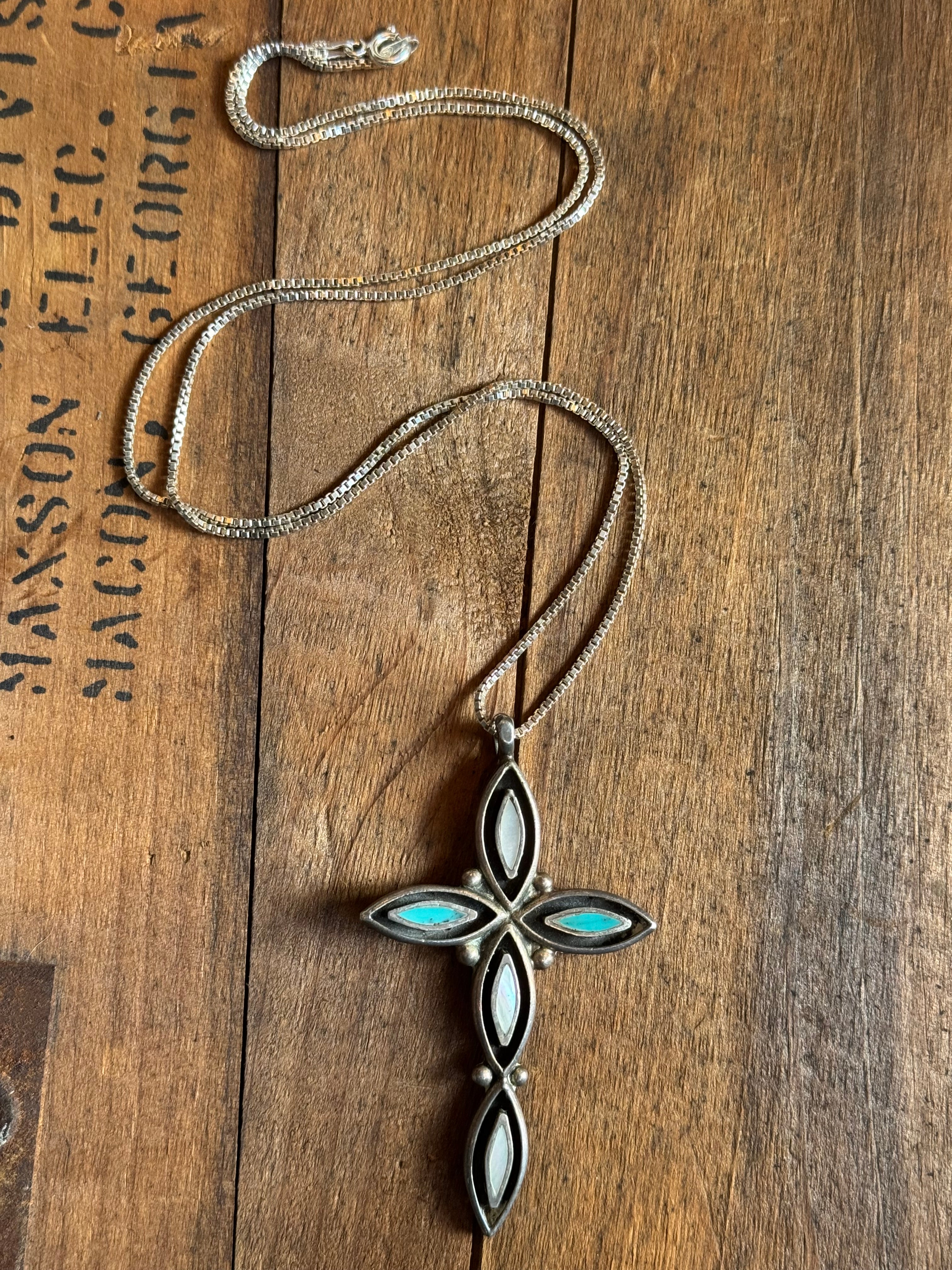 Vintage Sterling Silver Turquoise & Mother of Pearl Inlay Cross Necklace