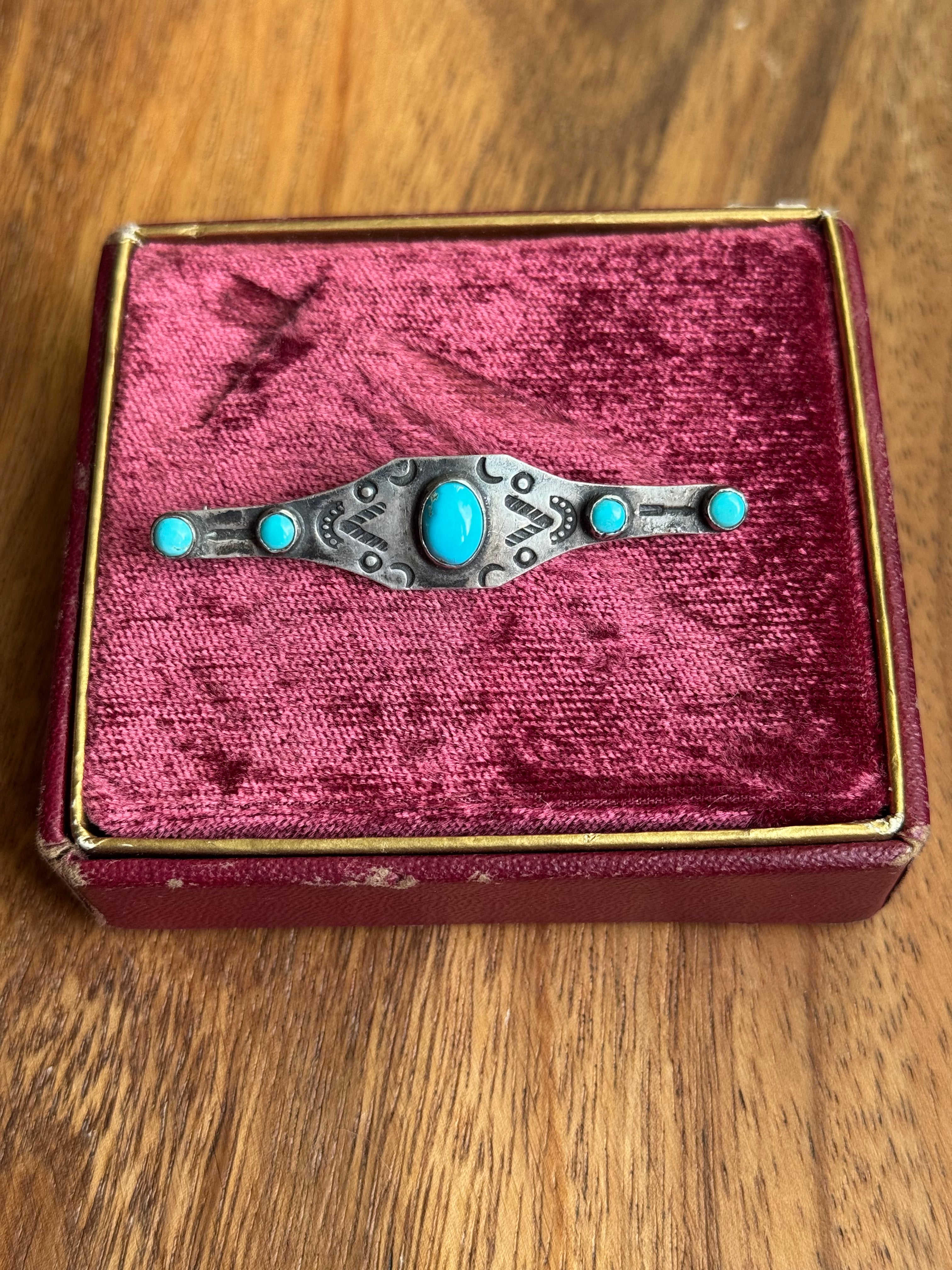 Vintage Sterling Silver Turquoise Stamped Pin