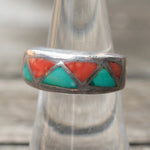 Vintage Sterling Turquoise and Coral Inlay Ring 7