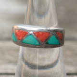 Vintage Sterling Turquoise and Coral Inlay Ring 7