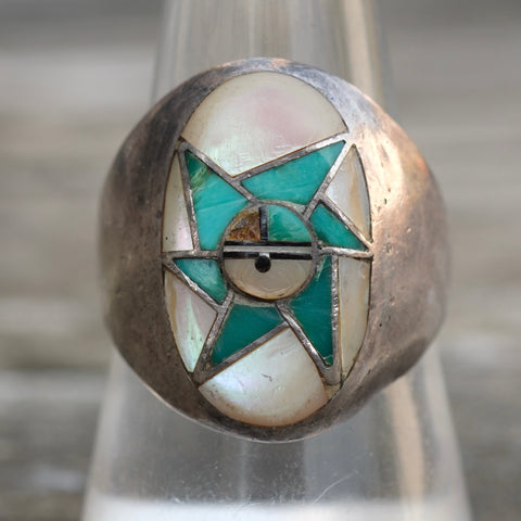 Vintage Sterling Turquoise Sunface Inlay Ring 9.75