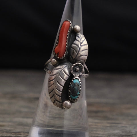 Vintage Sterling Turquoise and Coral Feather Ring 6