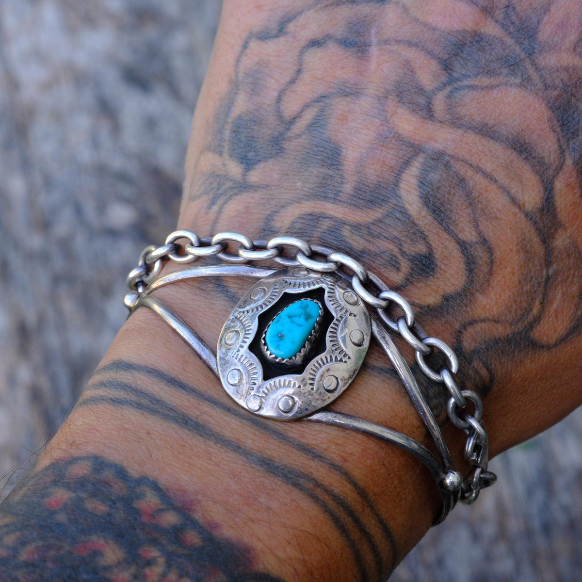 Vintage Sterling Turquoise Shadowbox Cuff Bracelet