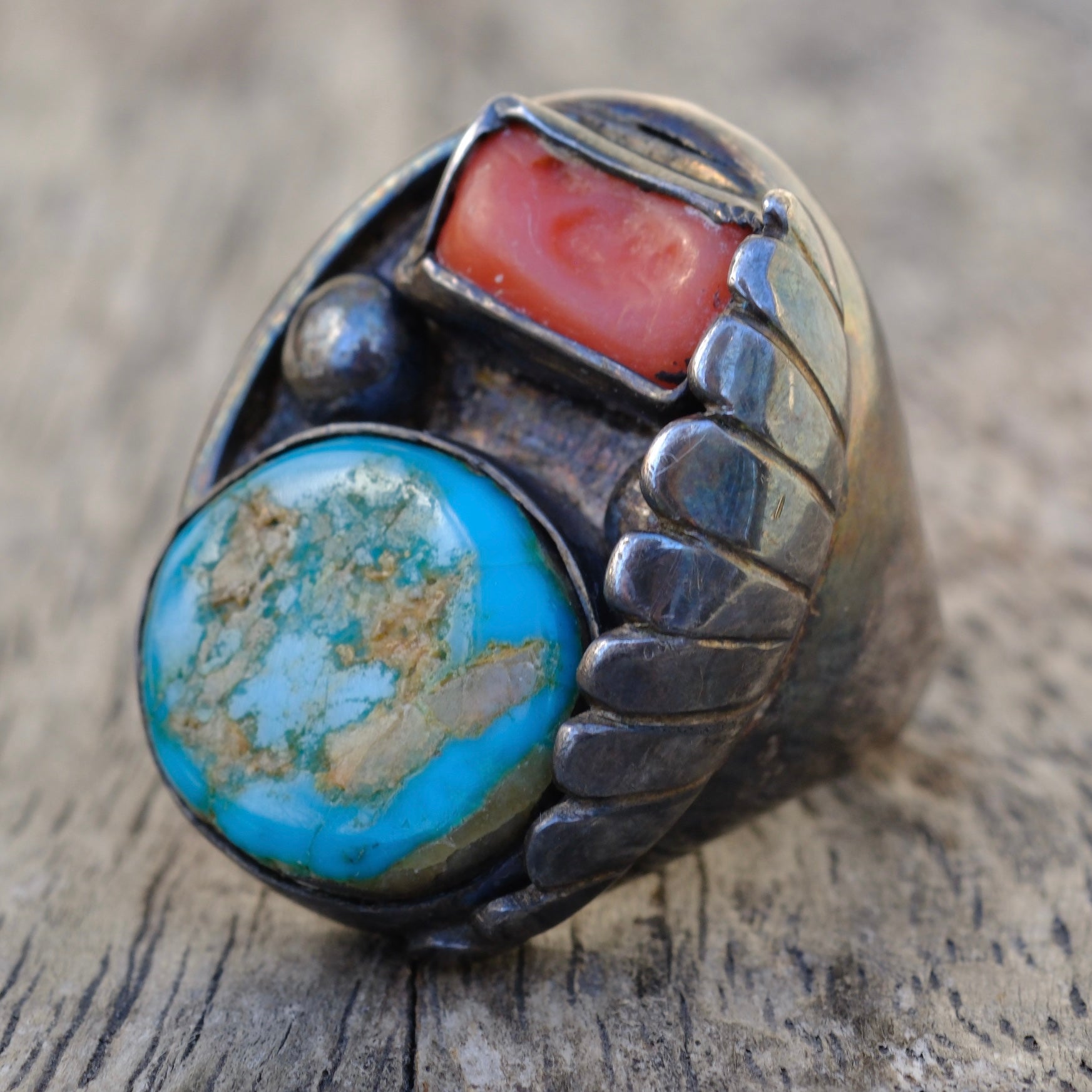 Vintage Sterling Turquoise and Coral Feather Ring 7.5
