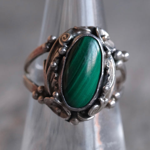 Vintage Sterling Malachite Feather Ring 7