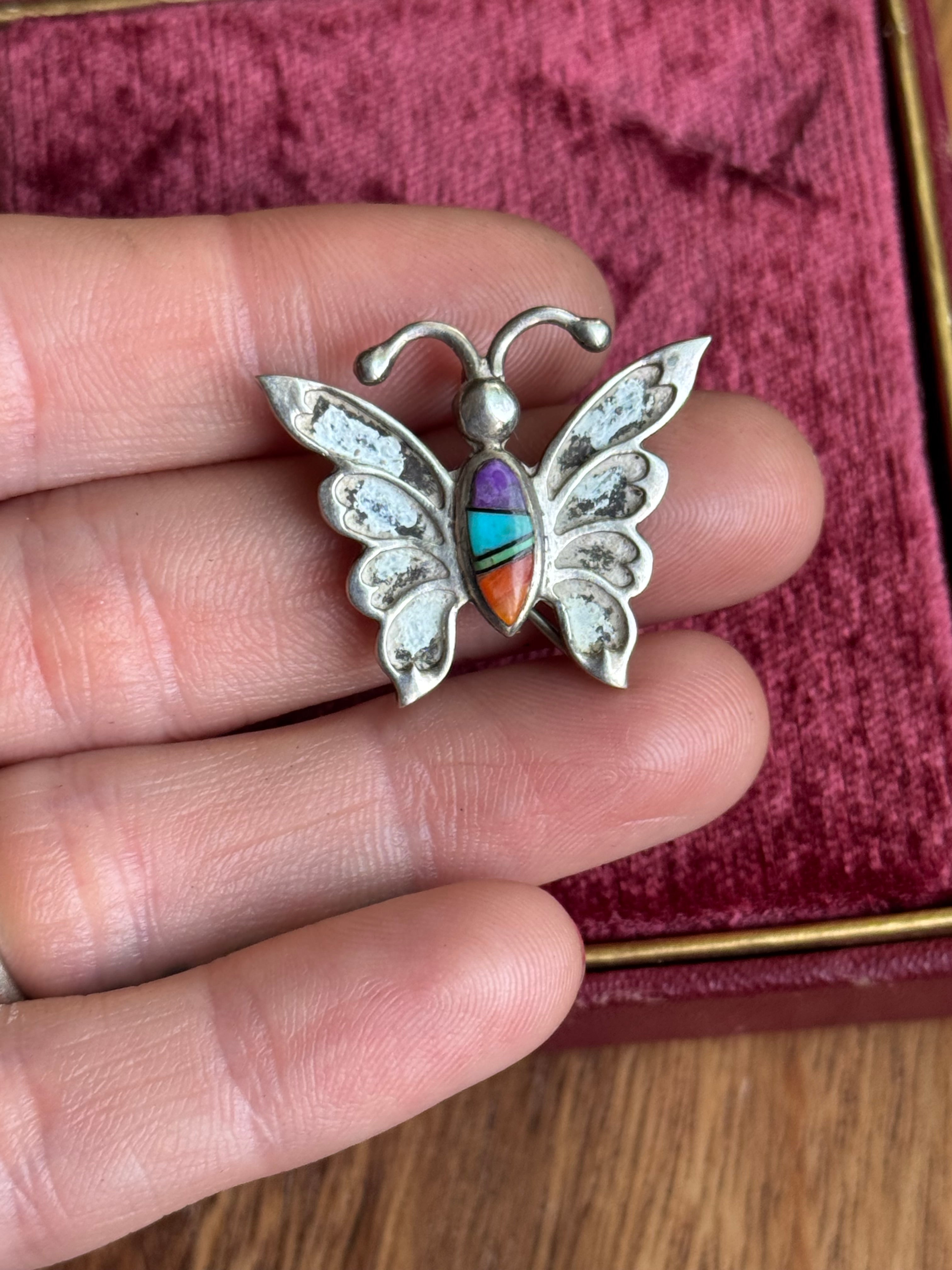 Vintage Sterling Silver Multistone Inlay Butterfly Pin