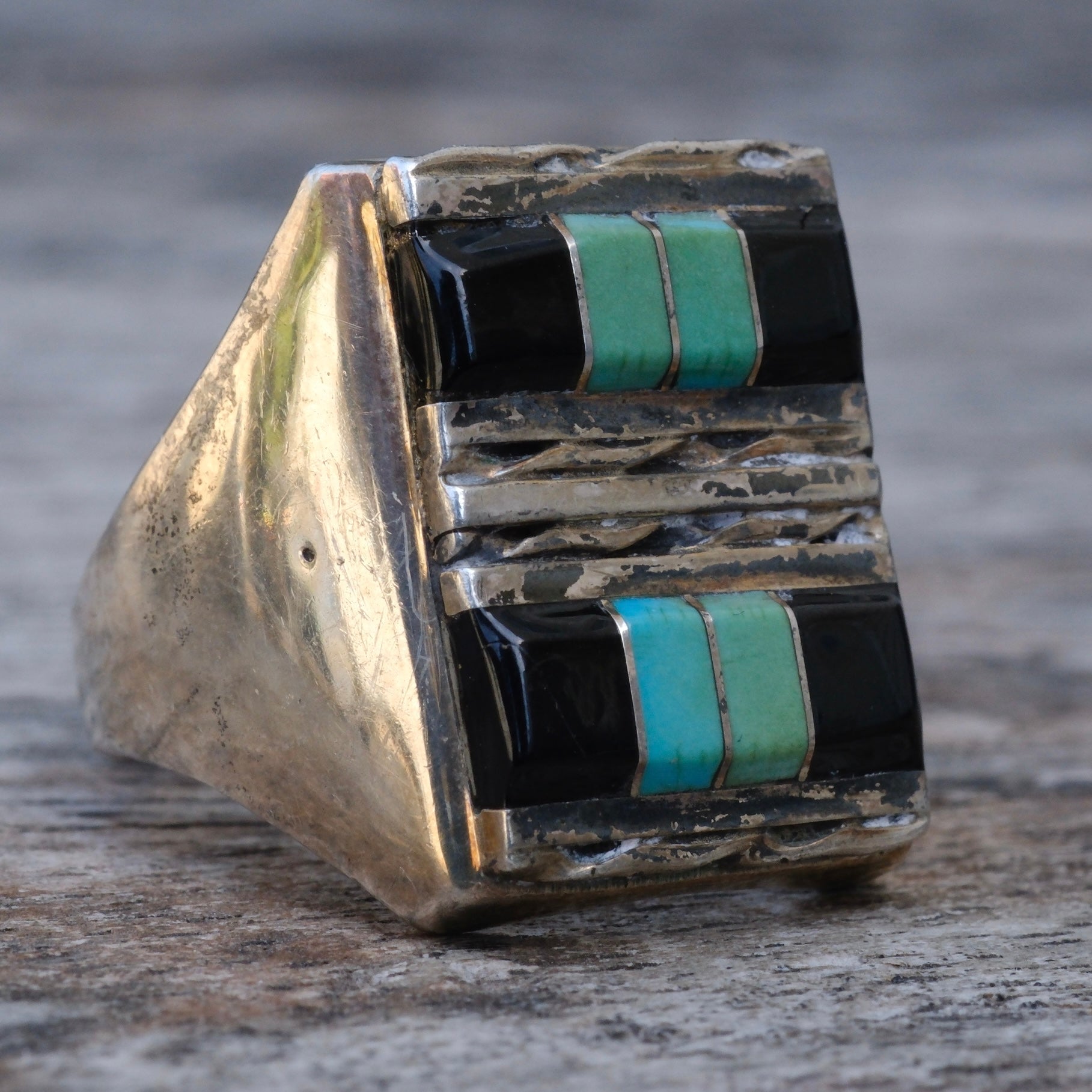 Vintage Sterling turquoise and Onyx Inlay Ring 11