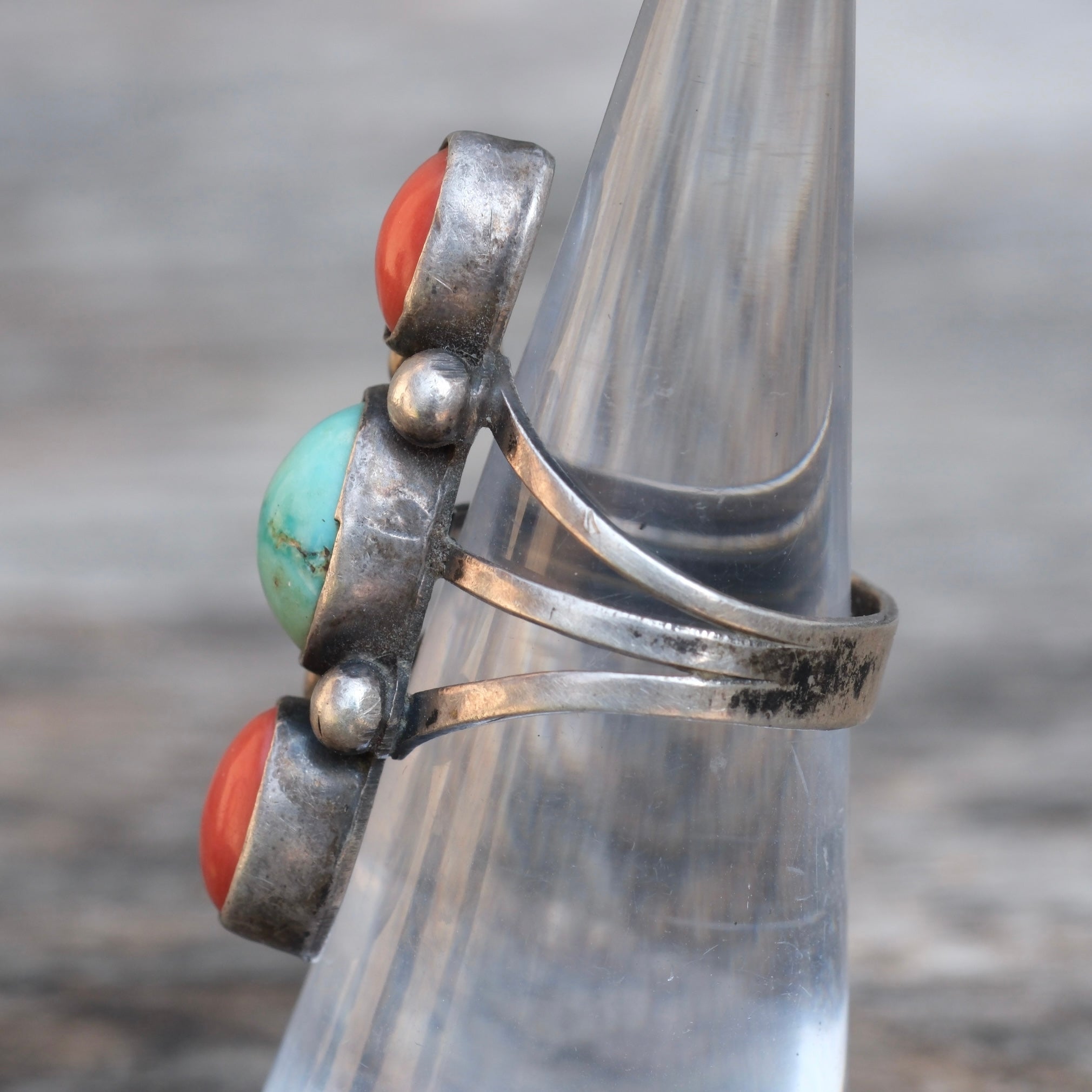 Vintage Sterling Turquoise and Coral Ring 5.5