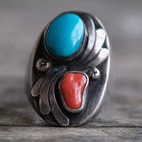 Vintage Sterling Turquoise and Coral Ring 10.25