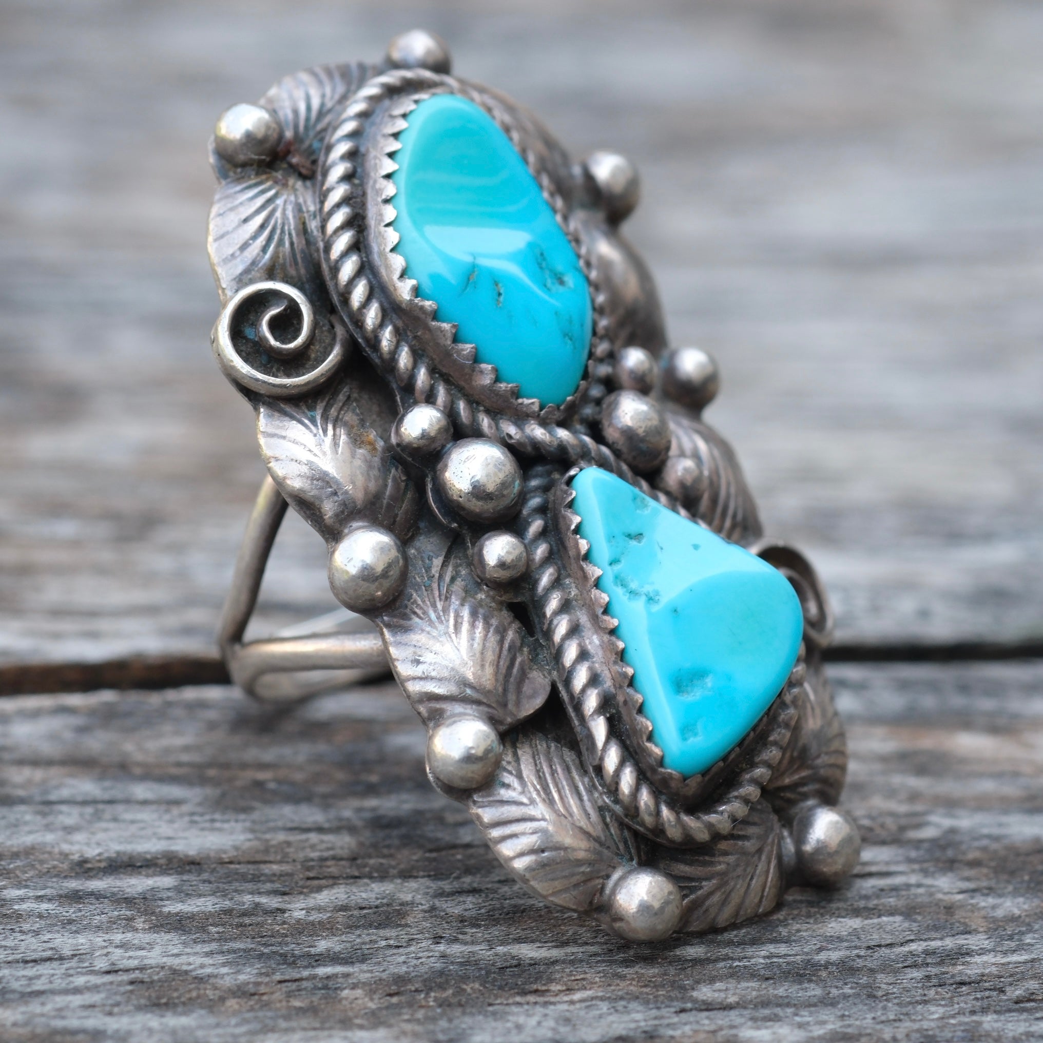 Vintage Sterling Turquoise Feather Ring 8.5