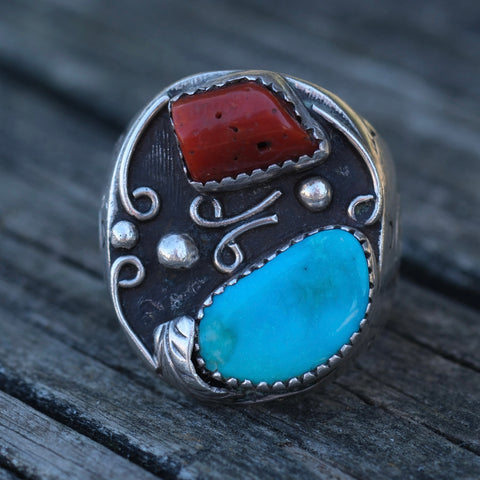 Vintage Sterling Turquoise and Coral Stamped Band Ring 10.25