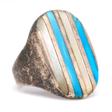 Vintage Sterling Turquoise and Mother Of Pearl Inlay Striper Ring 7.5