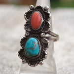 Vintage Sterling Turquoise and Coral Ring 6.25