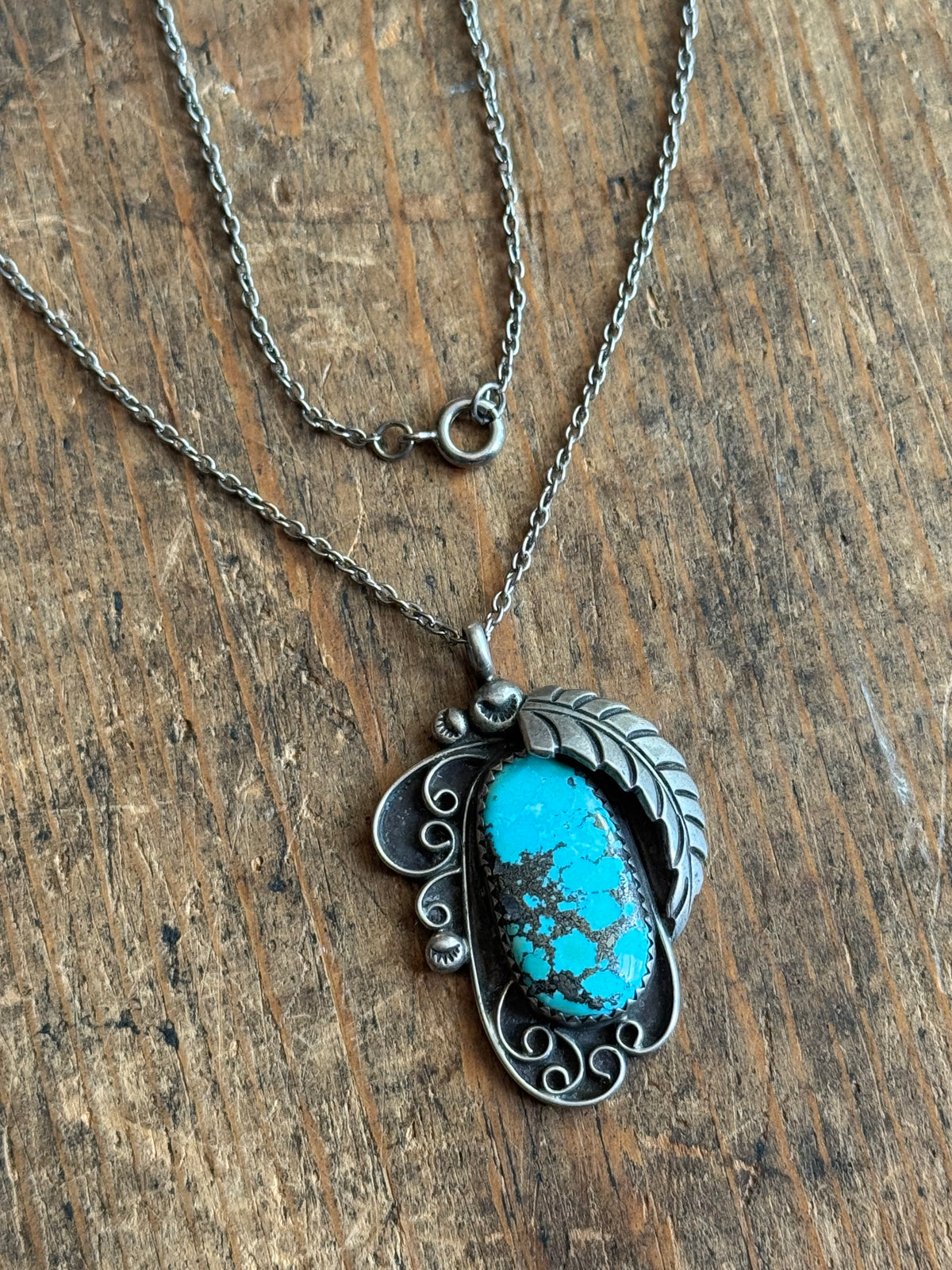 Vintage Sterling Silver Turquoise Leaf Necklace