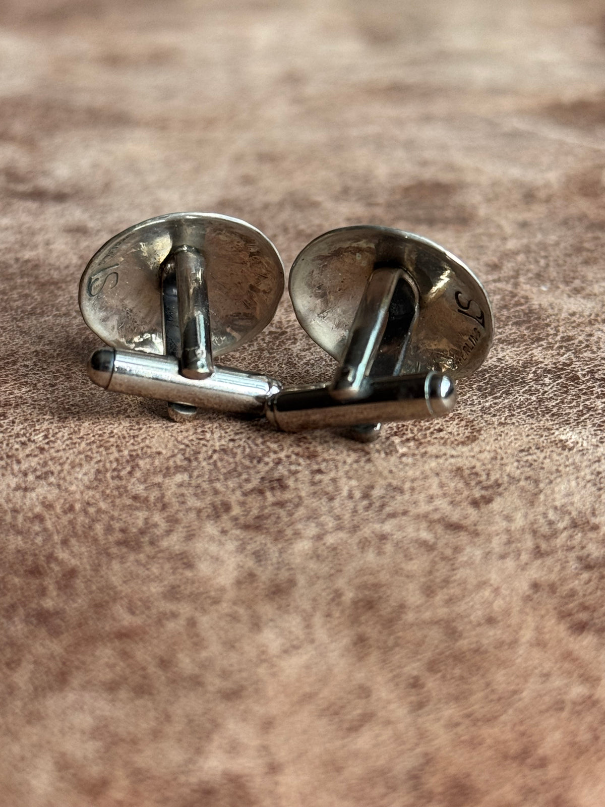 Vintage Sterling Silver Stamped Turquoise Concho Cufflinks.