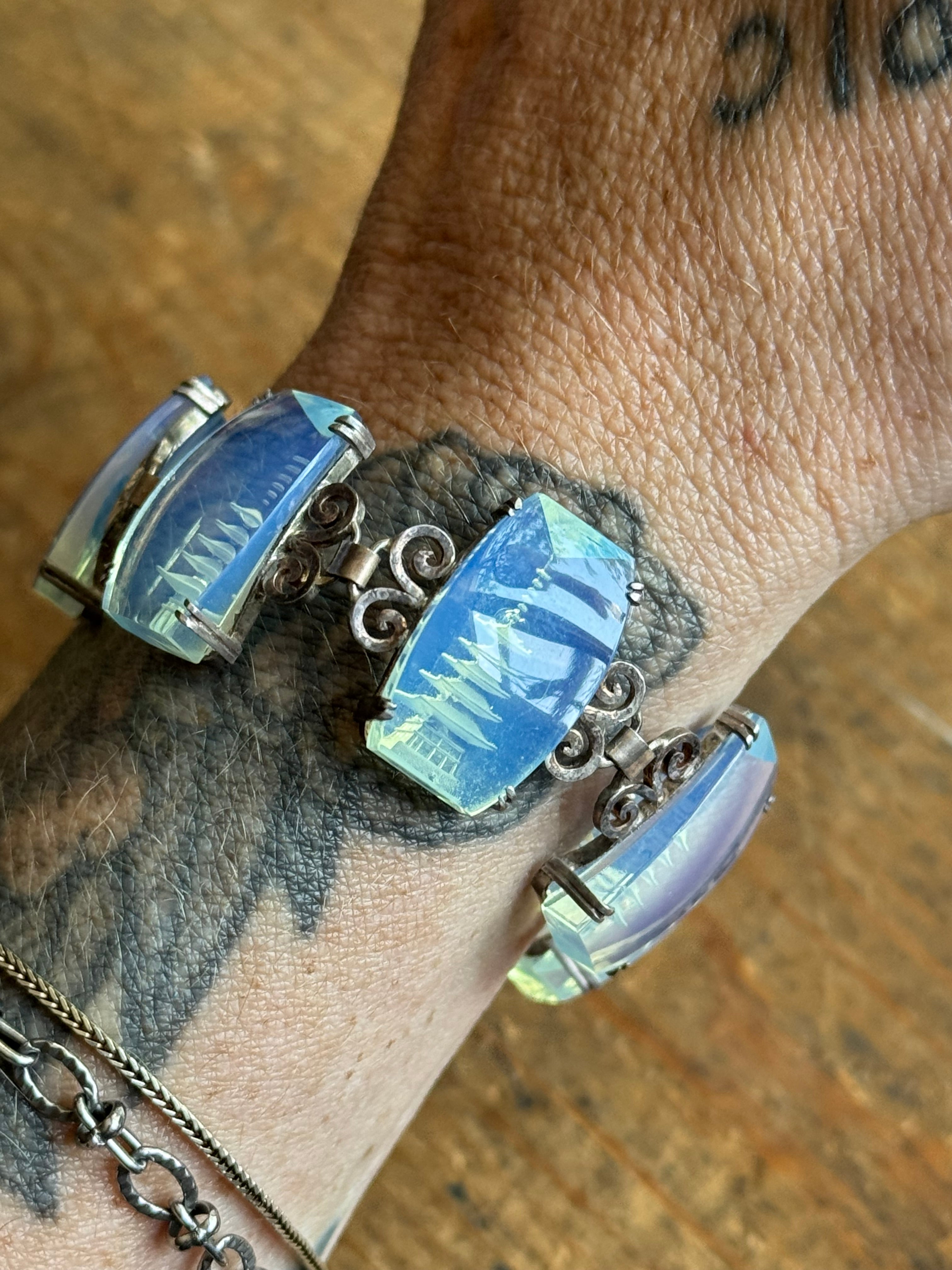 Vintage Sterling Silver Filigree Intaglio Link Bracelet