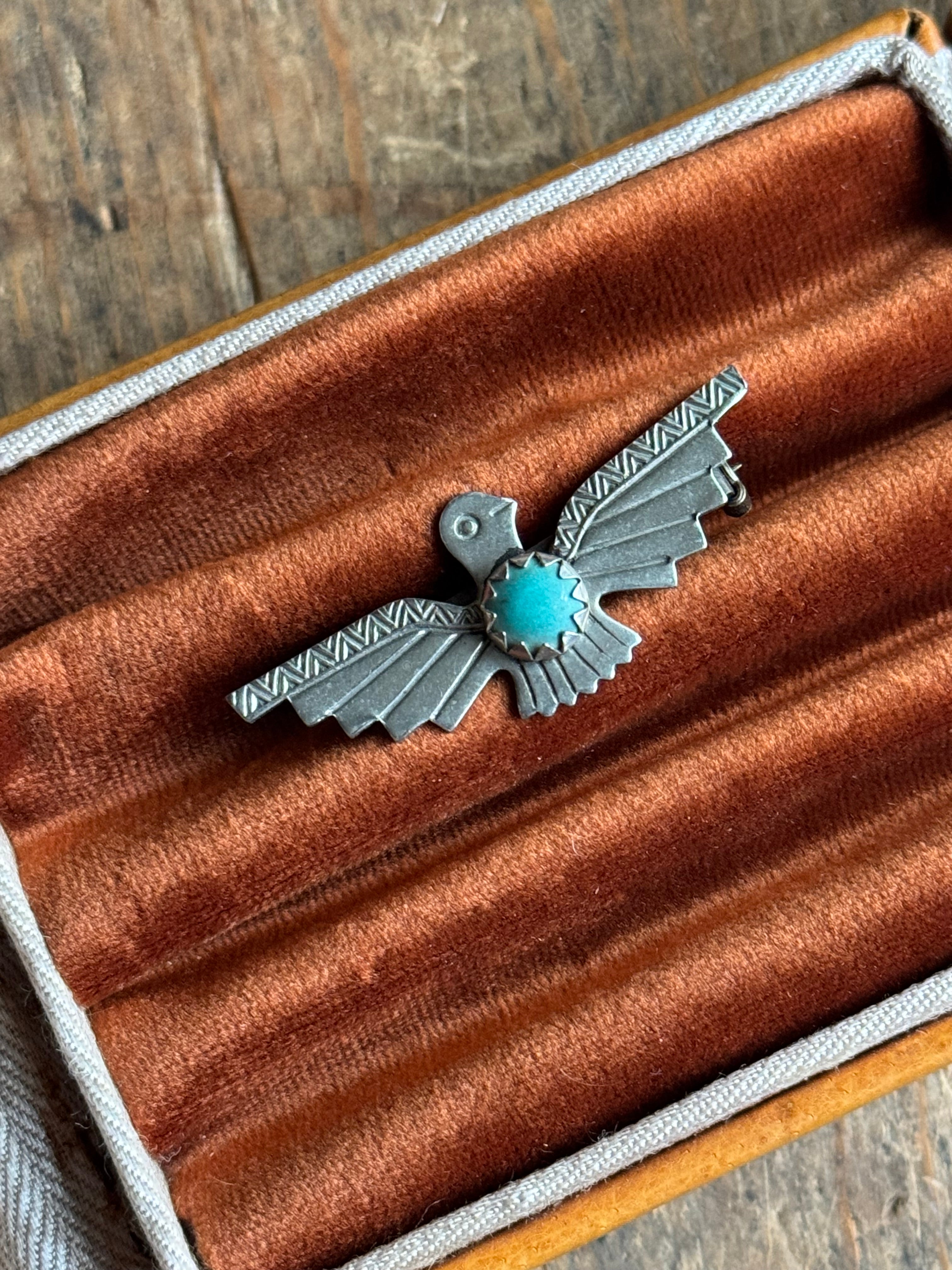 Vintage Sterling Silver Turquoise Thunderbird Pin