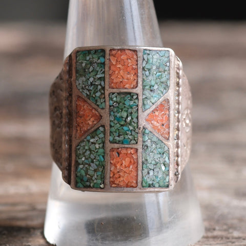 Vintage Sterling Crushed Turquoise and Coral Inlay Ring 11