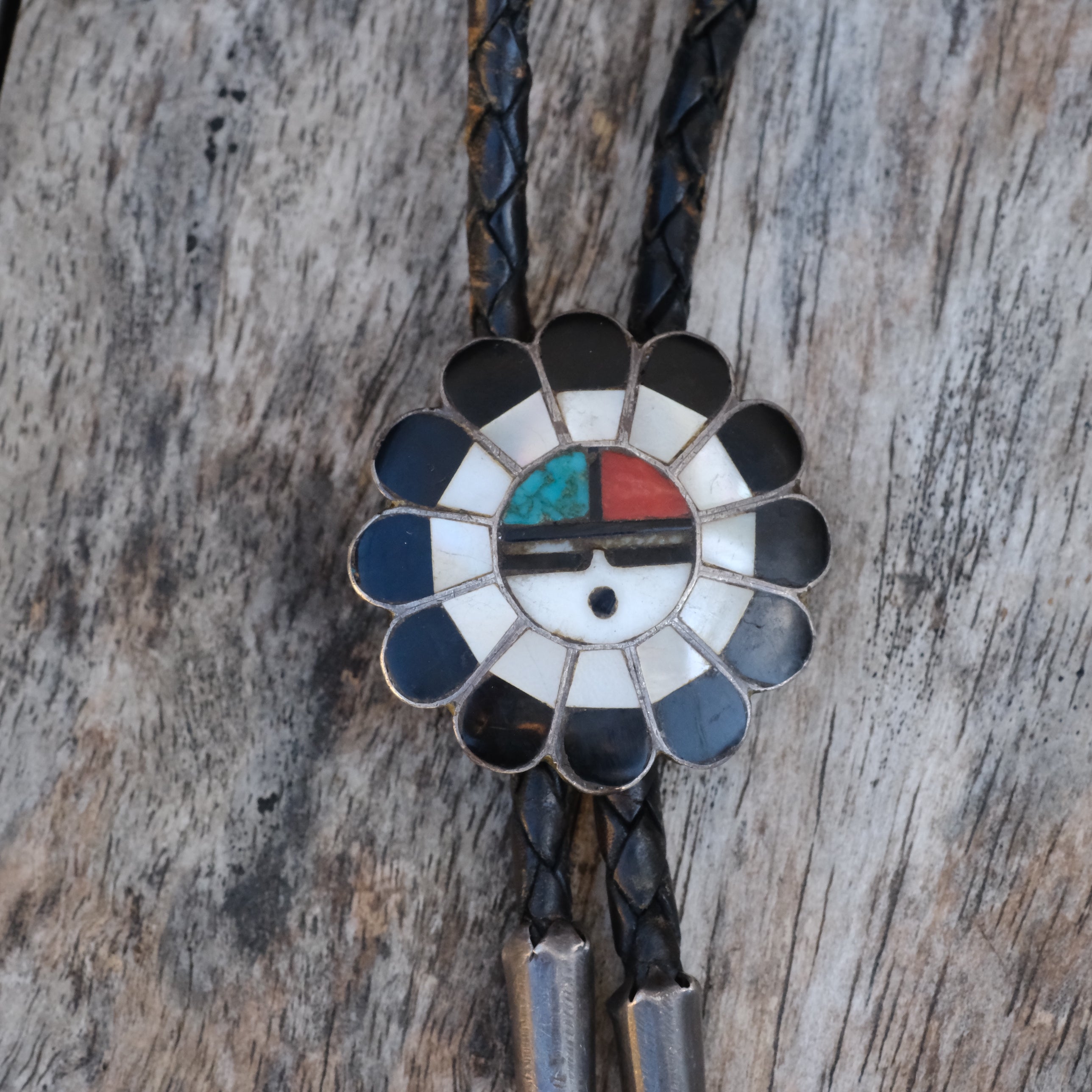 Vintage Sterling Zuni Inlay Sunface Bolo Tie
